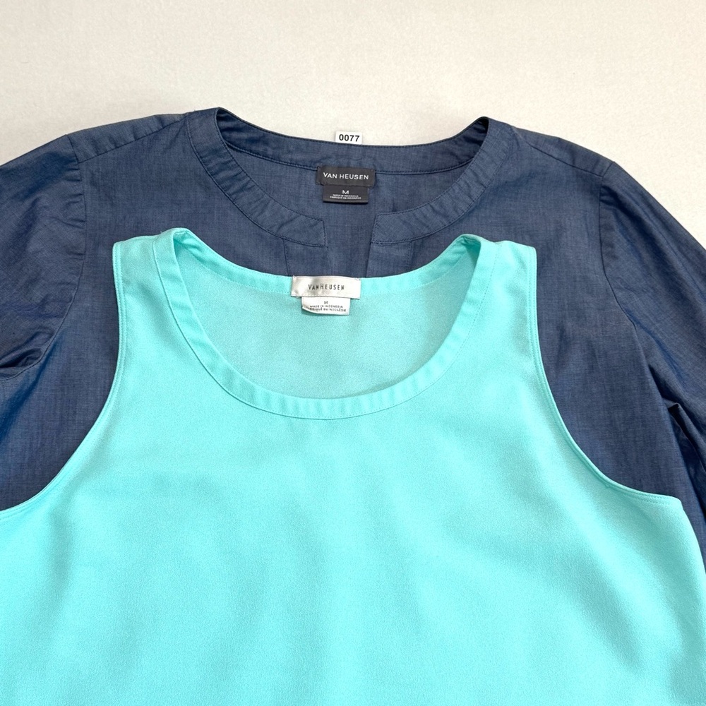 2pc Van Heusen Navy Bell Sleeves and Turquoise Sleeveless Blouses Women Sz M